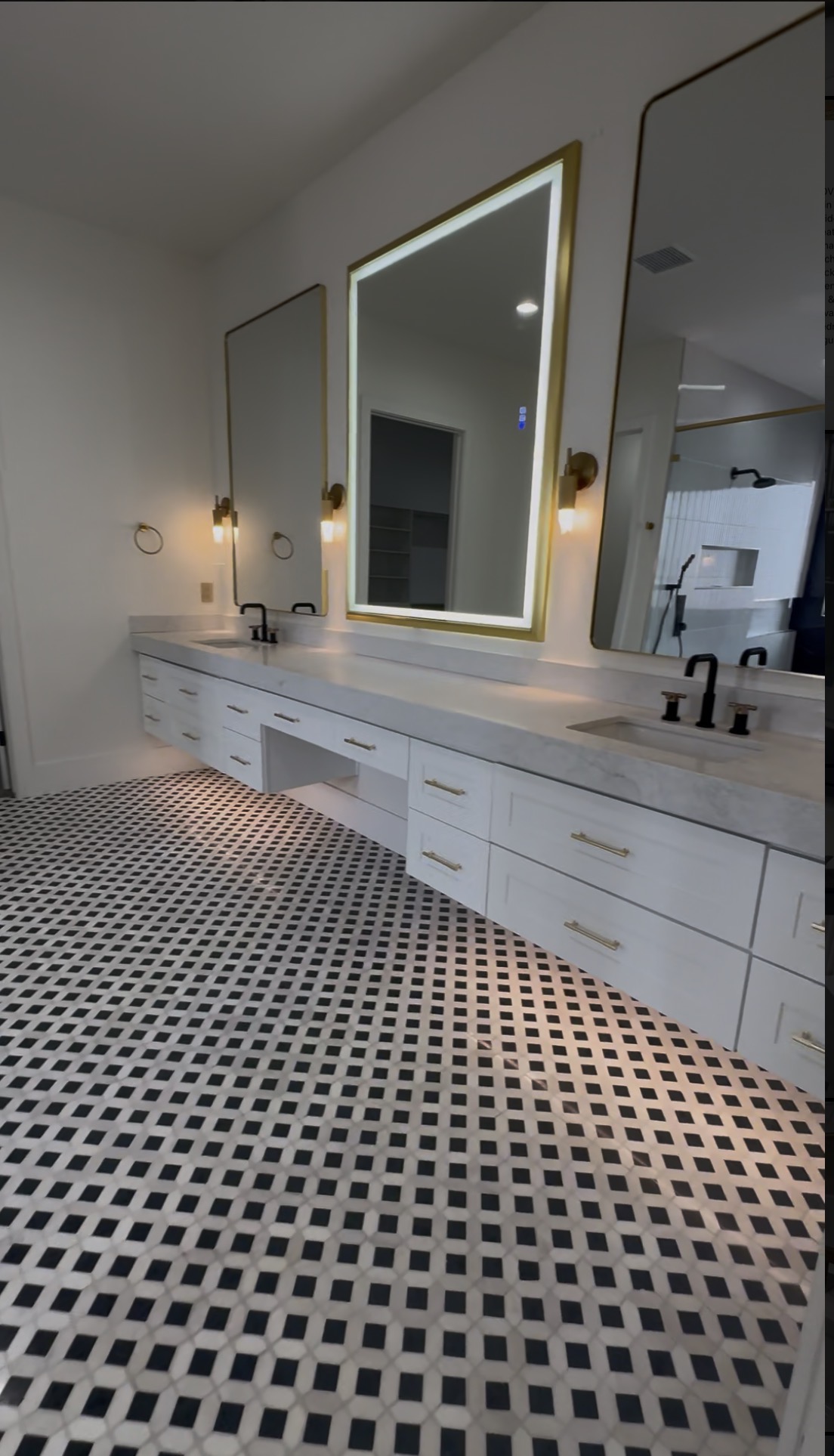 Large bathroom vanity remodel with mirrors and tile floor